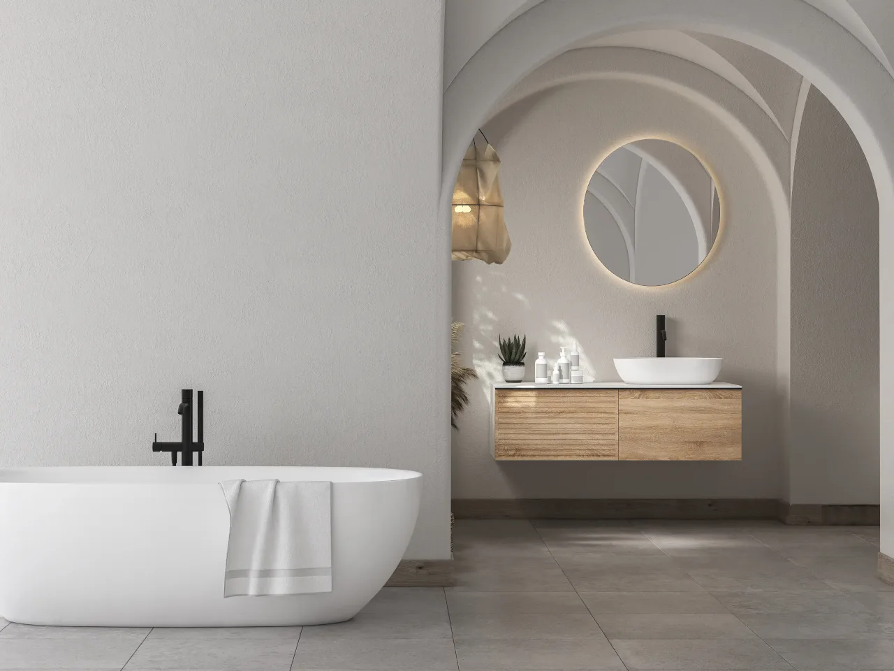 Minimalist Scandi-Zen bathroom with light oak wood vanities and an airy white aesthetic—modern vacation home in Narasimukku.